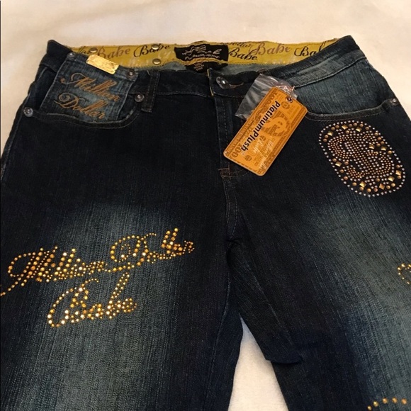 Unique Million Dollar Babe Rhinestone & Metal Stud Embellished Blue Jeans Money - Picture 6 of 16
